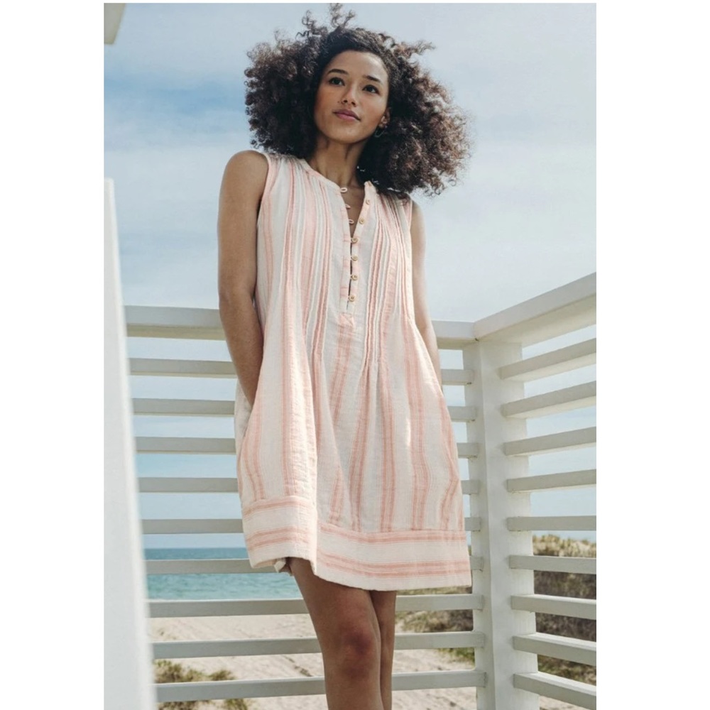 Faherty Isha sleeveless cotton gauze peach and white sleeveless dress.